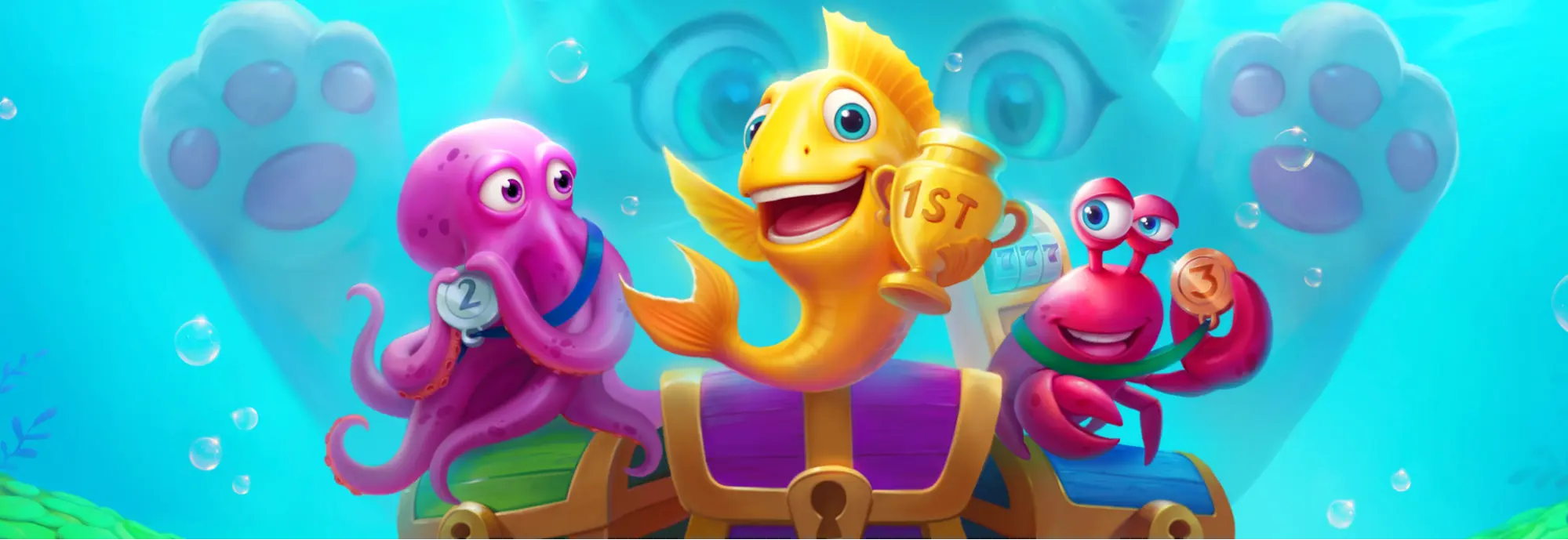 Un pesce giallo sorridente tiene un trofeo d’oro con la scritta “1st”, mentre un polpo viola e un granchio rosso festeggiano con le loro medaglie d’argento e di bronzo in un’atmosfera subacquea luminosa.